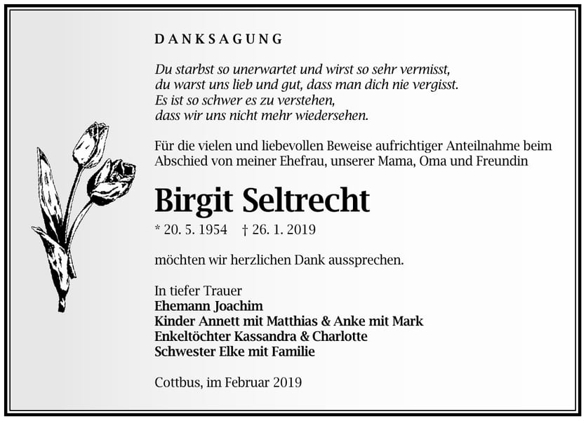 Traueranzeige Birgit Seltrecht