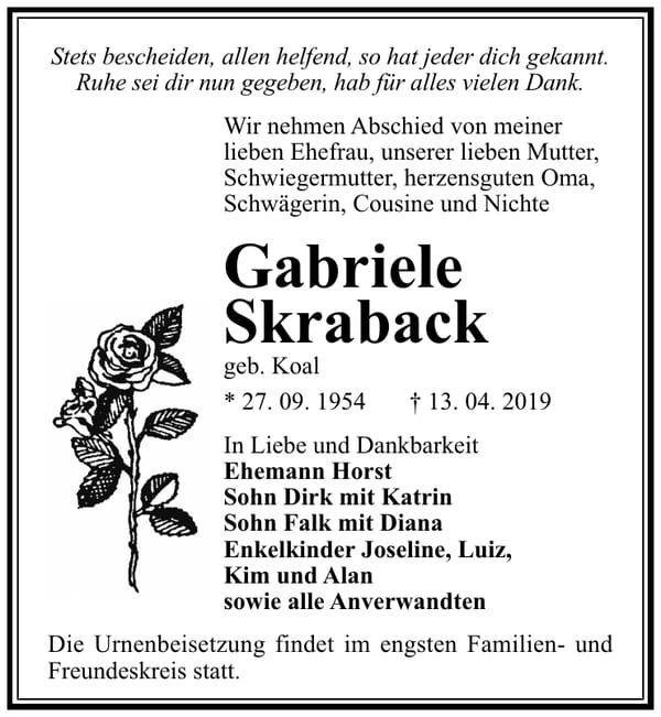 Traueranzeige Gabriele Skraback, geb. Koal