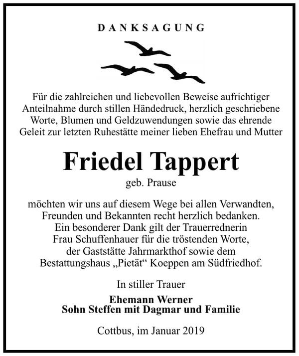 Traueranzeige Friedel Tappert, geb. Prause