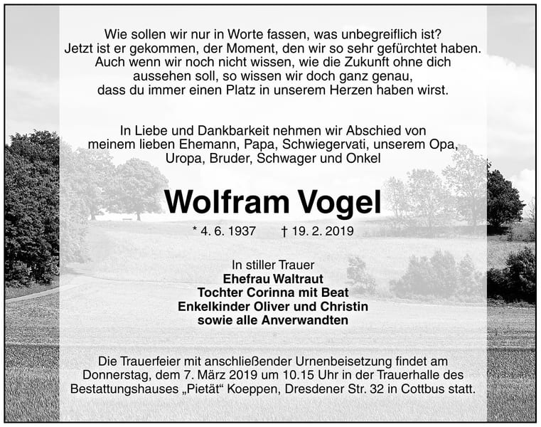 Traueranzeige Wolfram Vogel