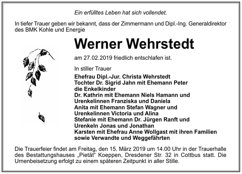 Traueranzeige Werner Wehrstedt