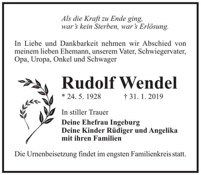 Traueranzeige Rudolf Wendel