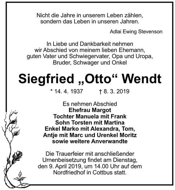 Traueranzeige Siegfried „Otto“ Wendt