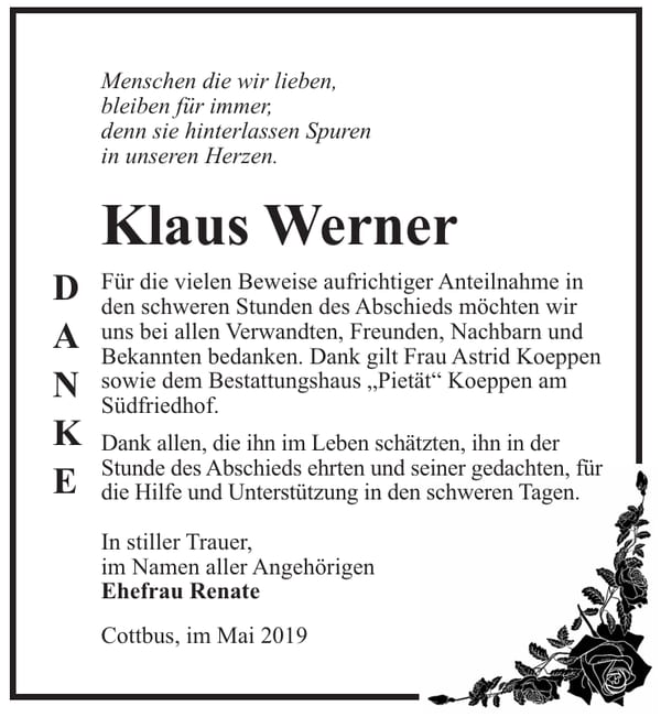 Traueranzeige Klaus Werner