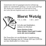 Traueranzeige Horst Wetzig