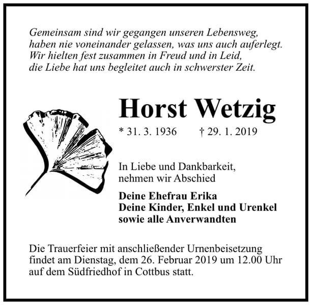 Traueranzeige Horst Wetzig