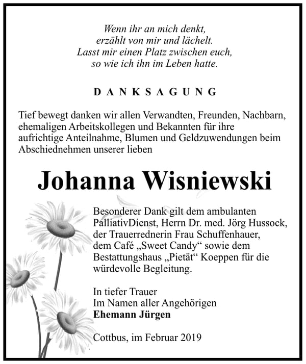 Traueranzeige Johanna Wisniewski
