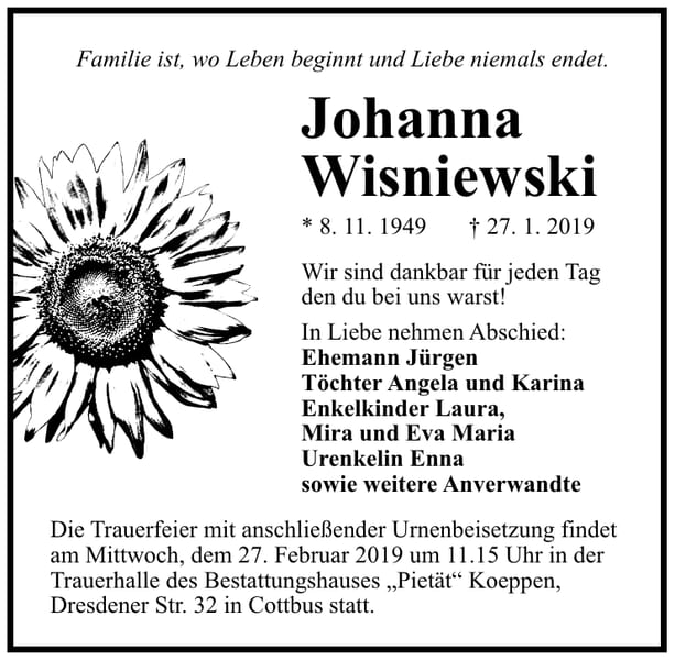 Traueranzeige Johanna Wisniewski