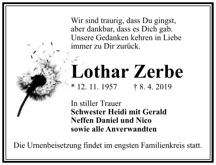 Traueranzeige Lothar Zerbe