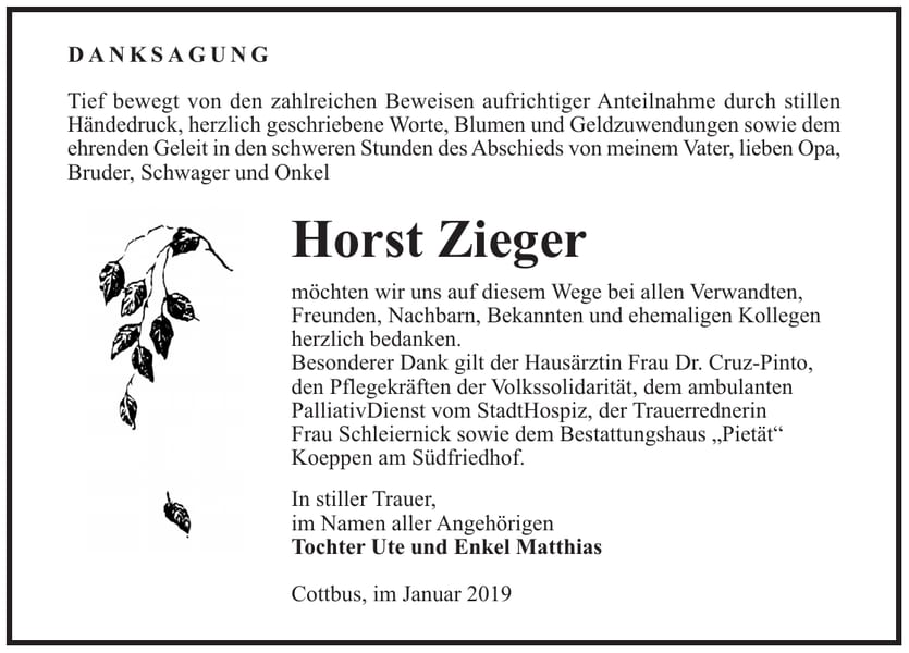 Traueranzeige Horst Zieger