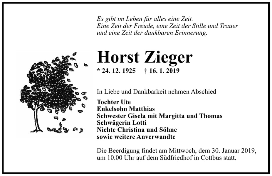 Traueranzeige Horst Zieger
