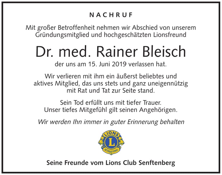 Traueranzeige Dr. med. Rainer Bleisch