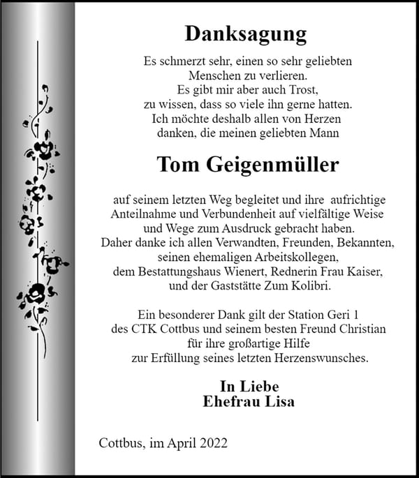 Danksagung Tom Geigenmüller