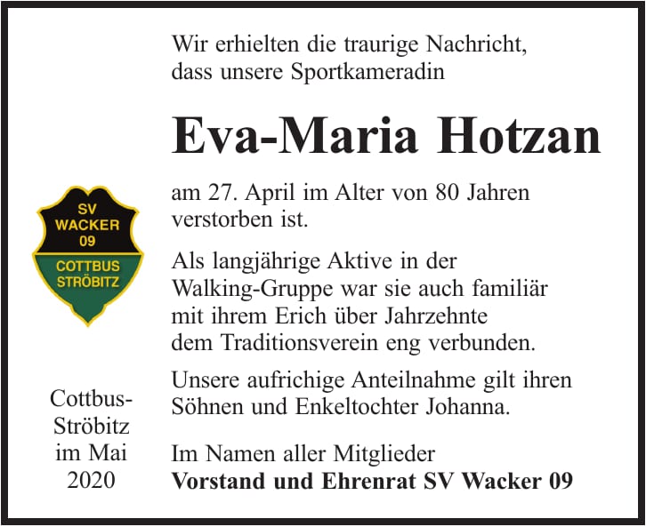 Traueranzeige Eva-Maria Hotzan