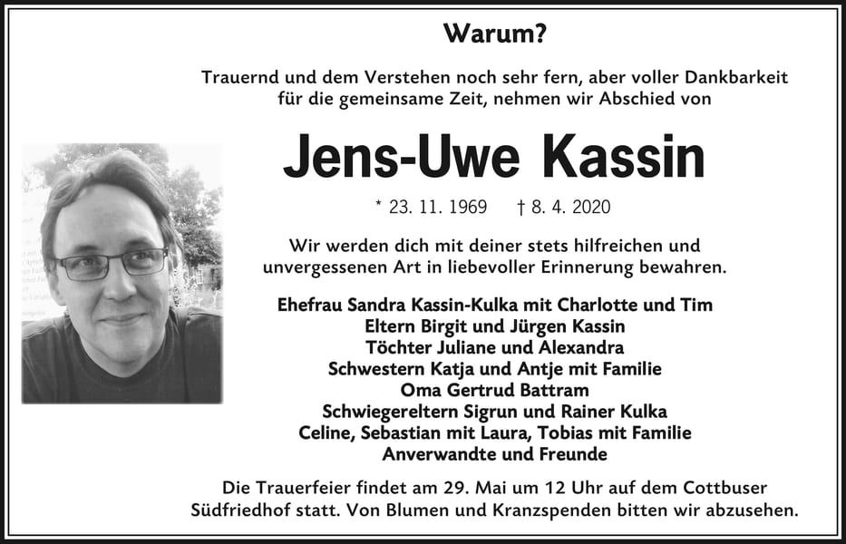 Traueranzeige Jens-Uwe Kassin