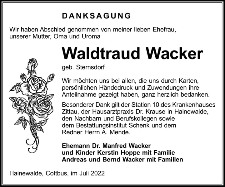 Danksagung Waldtraud Wacker, geb. Sternsdorf