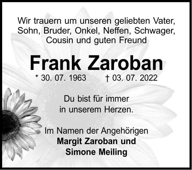 Traueranzeige Frank Zaroban