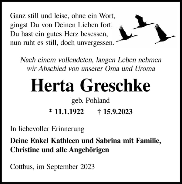 Traueranzeige Herta Greschke, geb. Pohland
