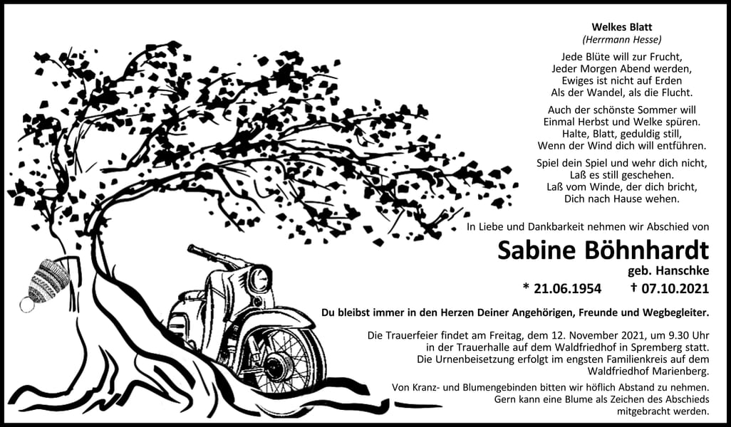 Traueranzeige Sabine Böhnhardt, geb. Hanschke