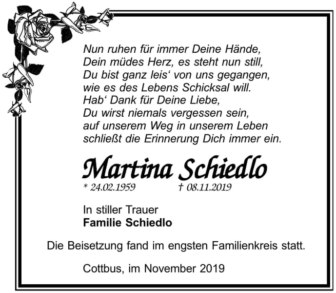 Traueranzeige Martina Schiedlo