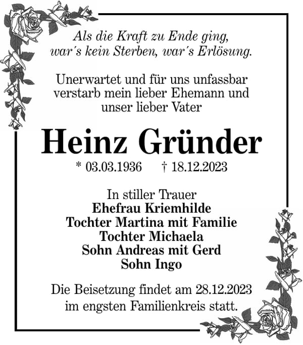 Traueranzeige Heinz Gründer