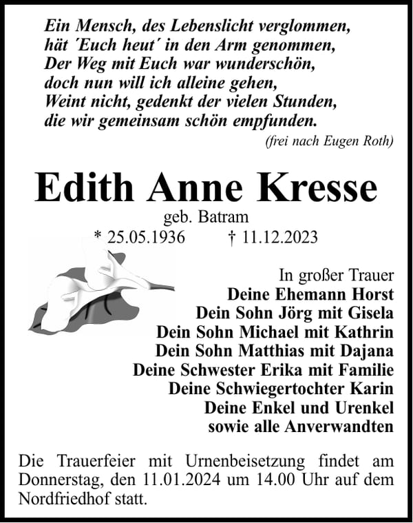 Traueranzeige Edith Anne Kresse, geb. Batram