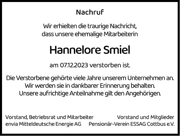 Nachruf Hannelore Smiel