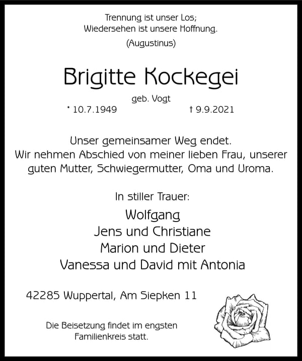 Traueranzeige Brigitte Kockegei, geb. Vogt