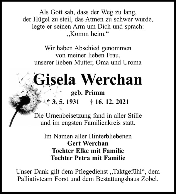 Danksagung Gisela Werchan, geb. Primm