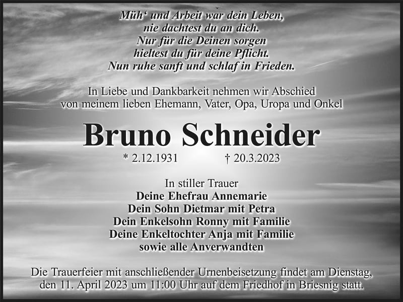 Traueranzeige Bruno Schneider