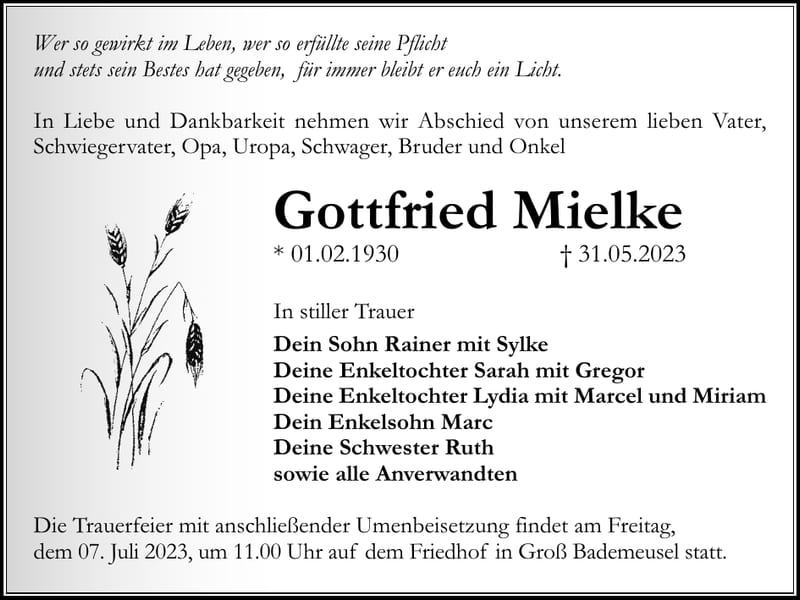 Traueranzeige Gottfried Mielke