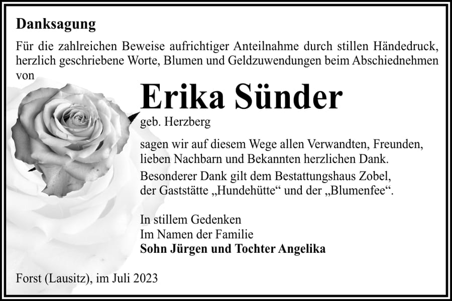 Danksagung Erika Sünder, geb. Herzberg
