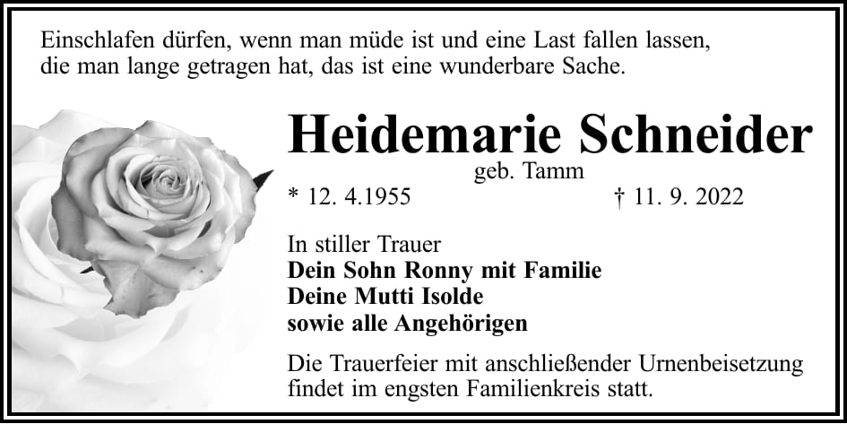 Traueranzeige Heidemarie Schneider, geb. Tamm