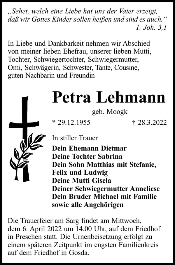 Traueranzeige Petra Lehmann, geb. Moogk