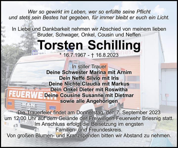 Traueranzeige Torsten Schilling