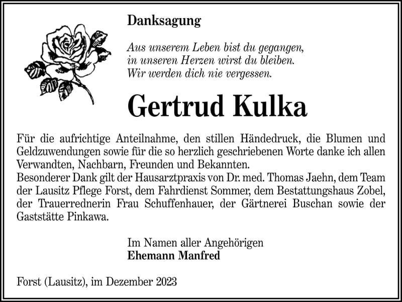 Danksagung Gertrud Kulka