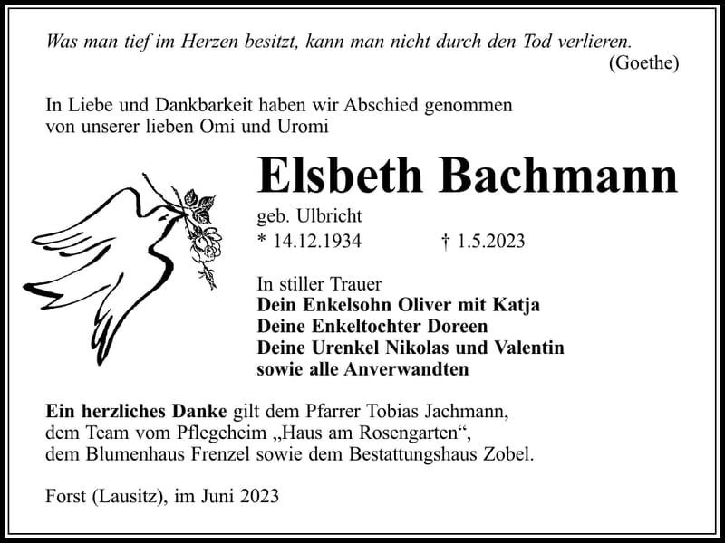 Traueranzeige Elsbeth Bachmann, geb. Ulbricht