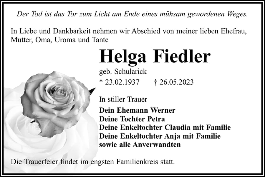 Traueranzeige Helga Fiedler, geb. Schularick
