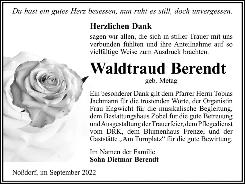 Danksagung Waldtraud Berendt, geb. Metag