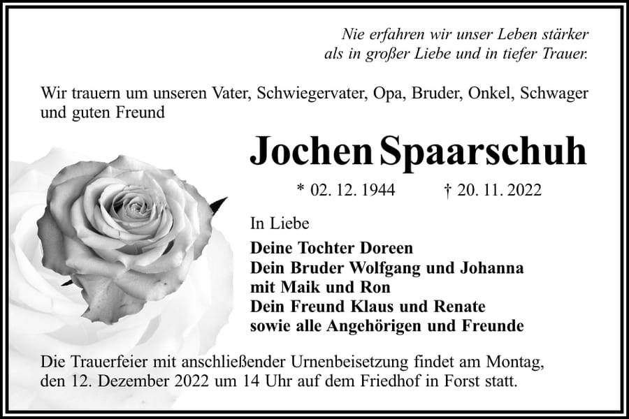 Traueranzeige Jochen Spaarschuh