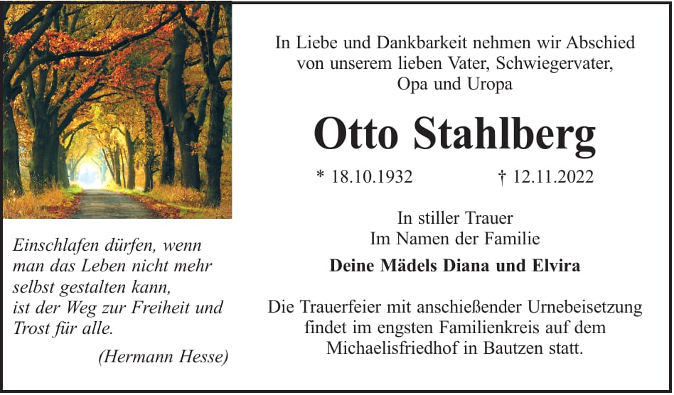 Traueranzeige Otto Stahlberg