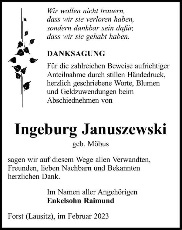 Danksagung Ingeburg Januszewski, geb. Möbus