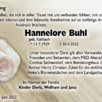 Danksagung Hannelore Buhl, geb. Kallbach