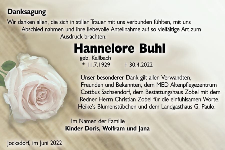 Danksagung Hannelore Buhl, geb. Kallbach