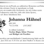 Traueranzeige Johanna Hähnel, geb. Jurk