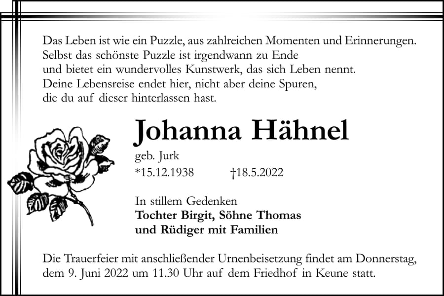 Traueranzeige Johanna Hähnel, geb. Jurk