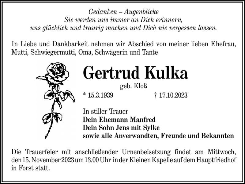 Traueranzeige Gertrud Kulka, geb. Kloß