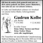 Traueranzeige Gudrun Kolbe, geb. Becher