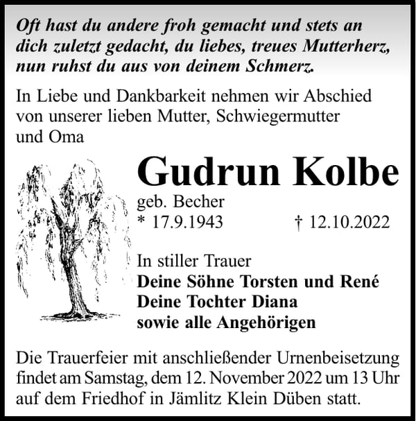 Traueranzeige Gudrun Kolbe, geb. Becher