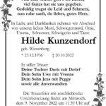 Traueranzeige Hilde Kunzendorf, geb. Wiesenberg
